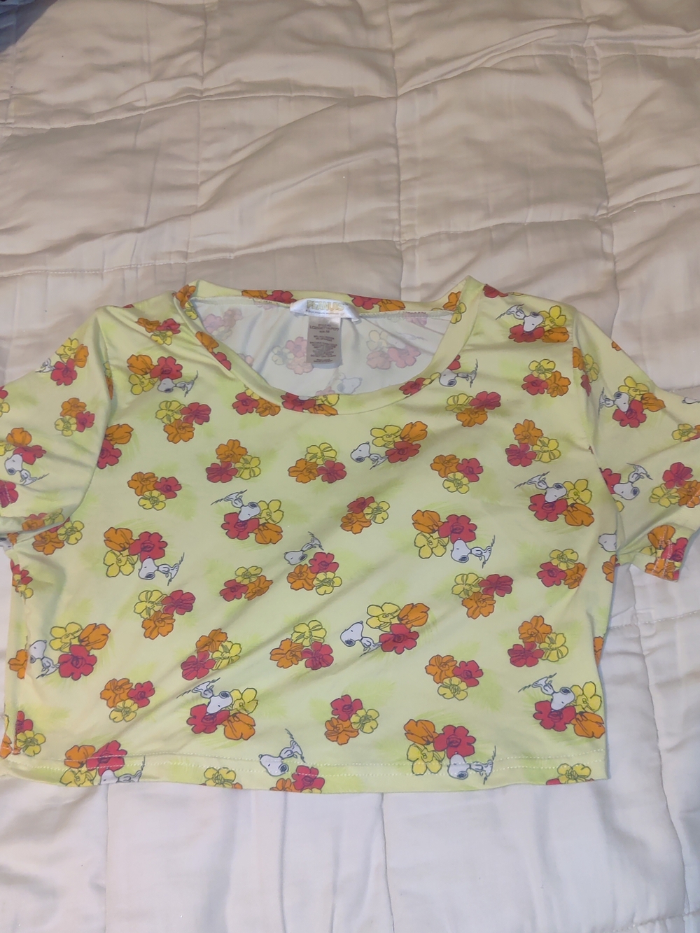 Peanuts Snoopy Yellow Floral Crop Top Tee Short Sleeve Pajama Shirt Size M